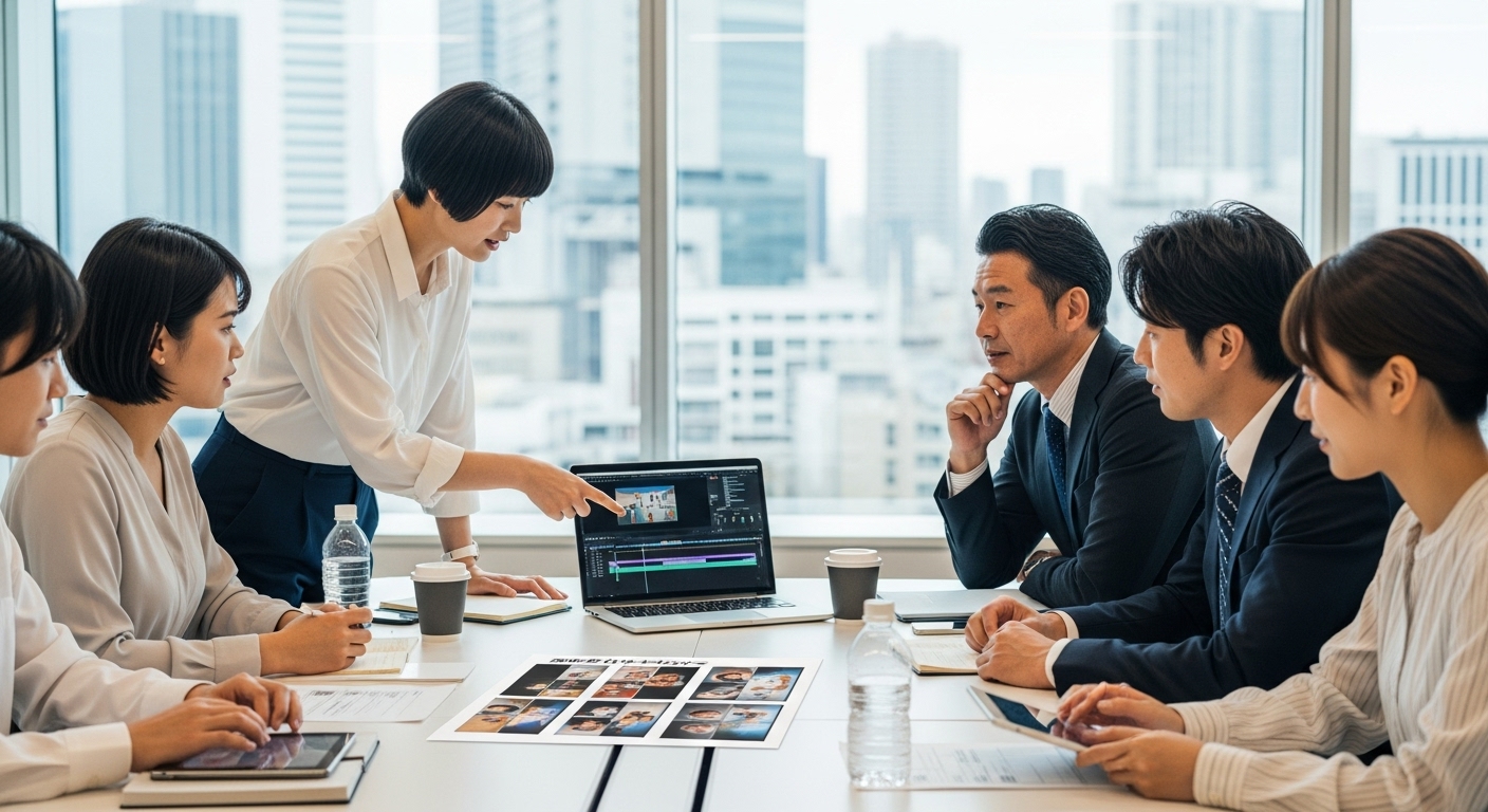パソコンを見ながら会議をしている様子