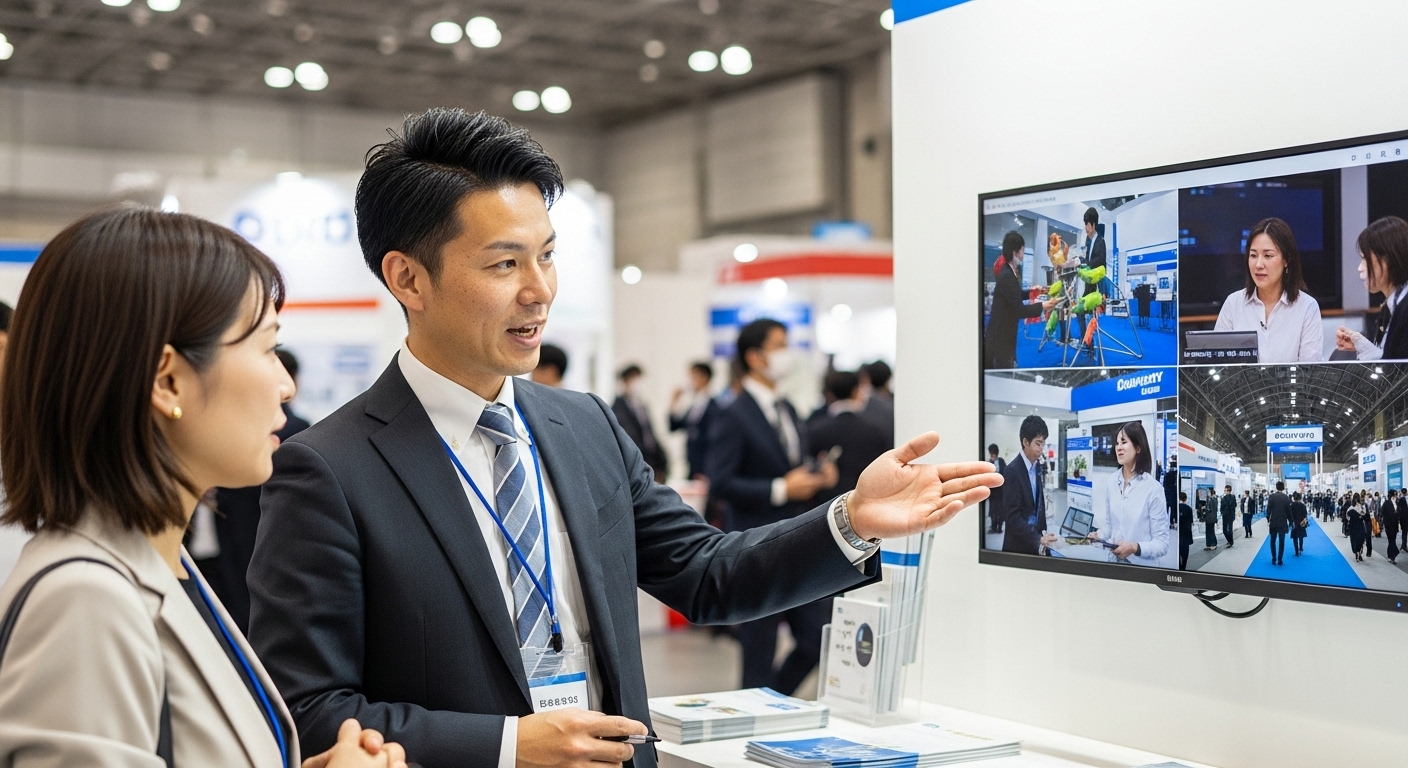 展示ブースで動画を見せながら説明する人