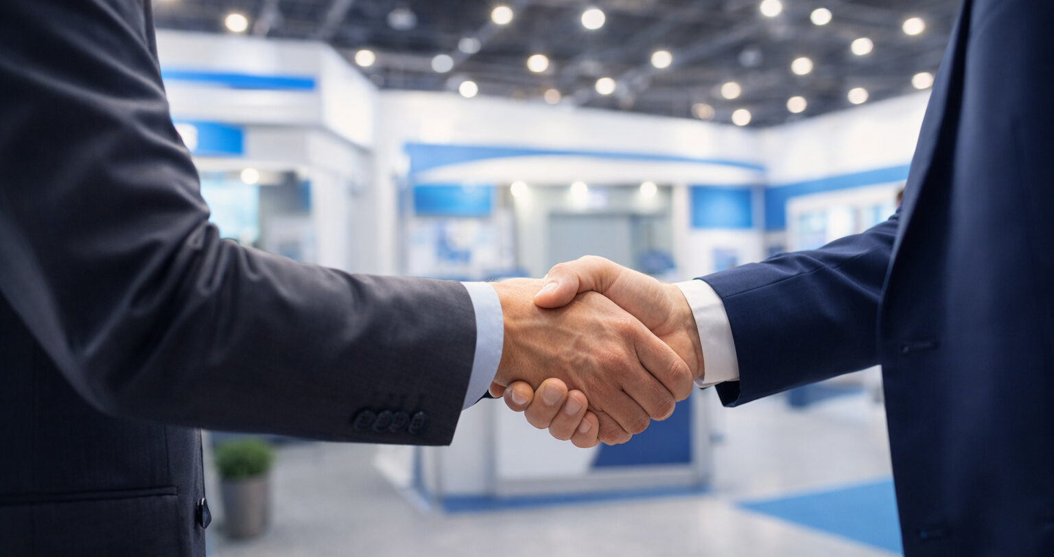 展示会でビジネスマンが握手をしている