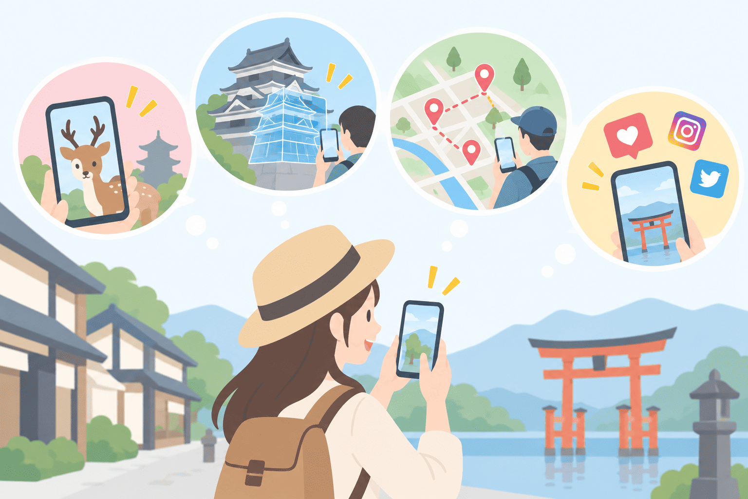 観光AR企画のアイデアを検討するイメージ